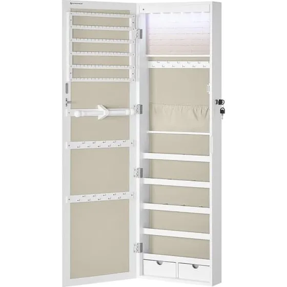 SONGMICS smykkeskab med spejl, hvid/beige, 84 ringpletter
