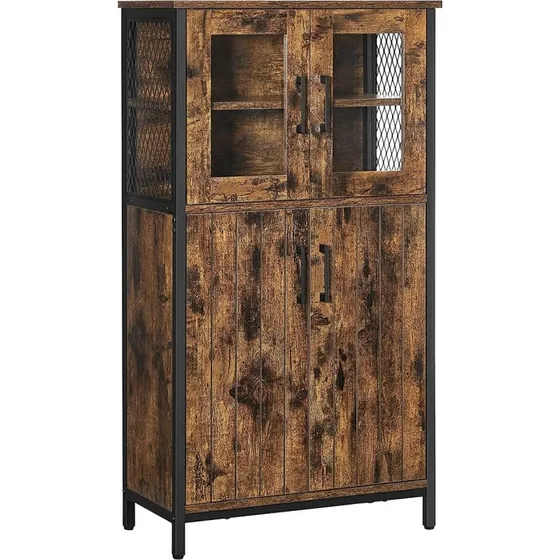 VASAGLE Opbevaringsskab, rustik brun/sort, 60×30×108 cm, med glas- og trælåger