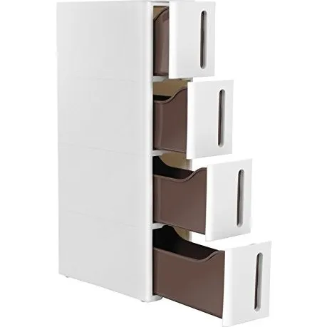 SONGMICS Smal opbevaringstårn med 4 skuffer og hjul, 45 x 17 x 83 cm, hvid/brun