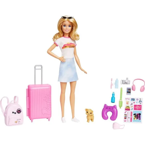 Barbie Travel Malibu Dukke med hvalp – Rejsesæt for børn fra 3 år