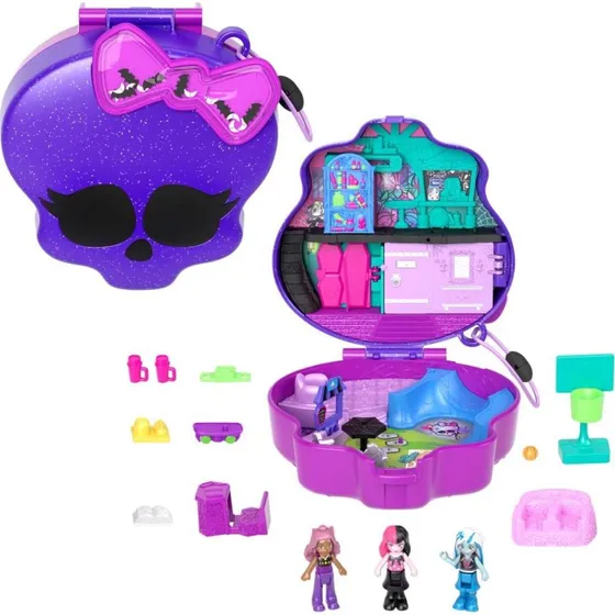 Mattel Monster High Polly Pocket - Kompakt Skole- og Skatepark-Set med 3 Figurer