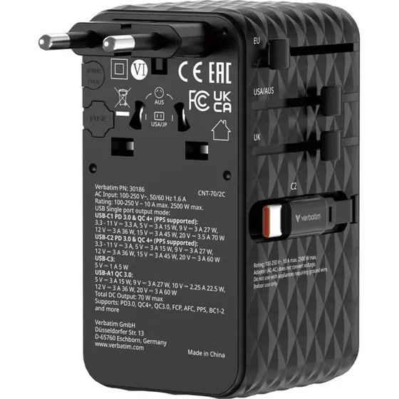 Verbatim Charge n Travel 70W 2× USB-C Udtrækkelig Rejseadapter, Sort