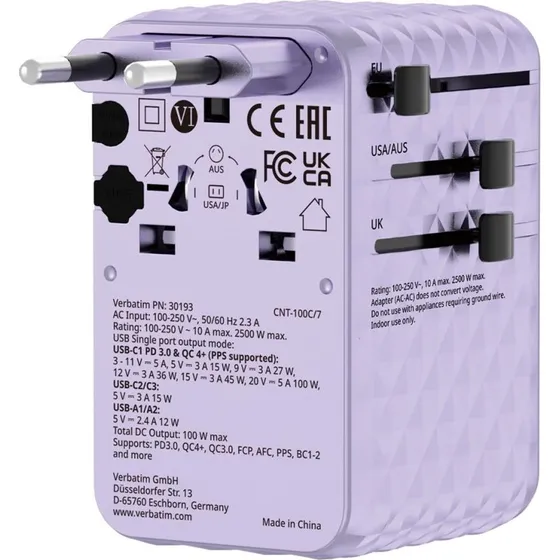 Verbatim Charge 'n' Travel 100W GaN III, lilla
