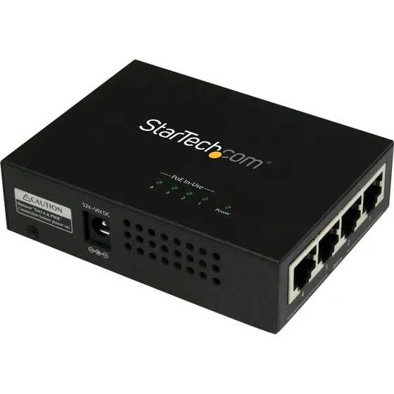 StarTech POEINJ4G 4-Port PoE+ Midspan Injector, Sort