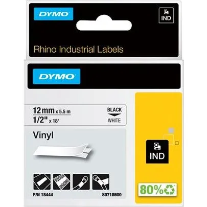 DYMO Rhino Vinyltape 12mm Sort på Hvid 5,5m