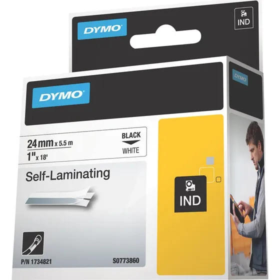 DYMO RhinoPRO Selv-laminerende Etiketter 24mm x 5,5m sort på hvid