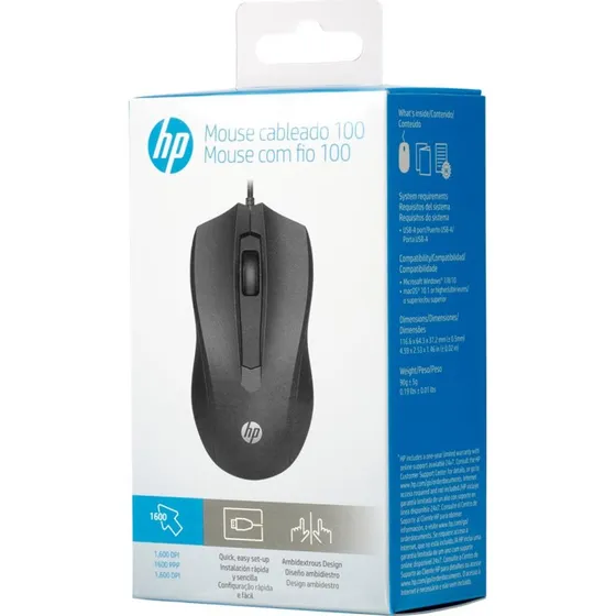 HP 100 Optisk Mus Sort, 3 Knapper, USB, Kablet
