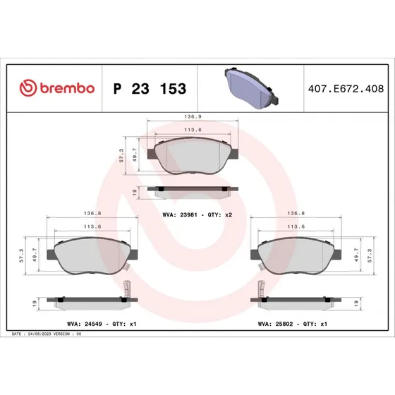 Brembo Bremseklodser P 23 153 K68190118AB, 137x19x57 mm, foraksel