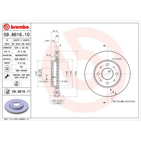 Brembo Bremseskive 09.8616.11, foraksel, indvendigt ventileret