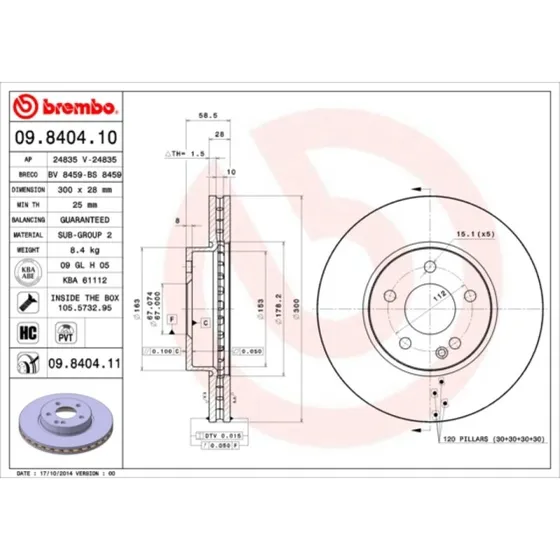 Brembo Bremseskive 09.8404.11 for Mercedes-Benz, 300 mm