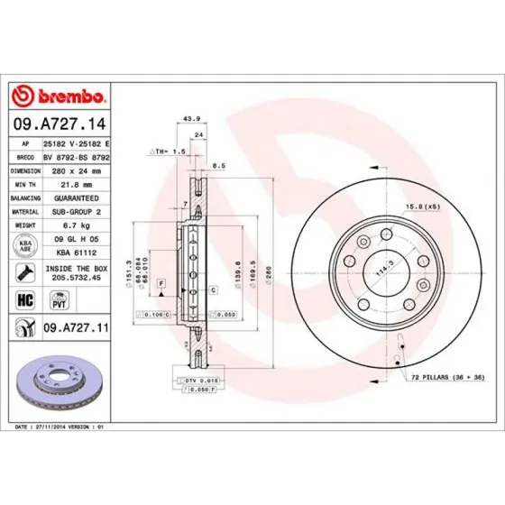Brembo Bremseskive 09.A727.11 for Renault, Nissan, KIA