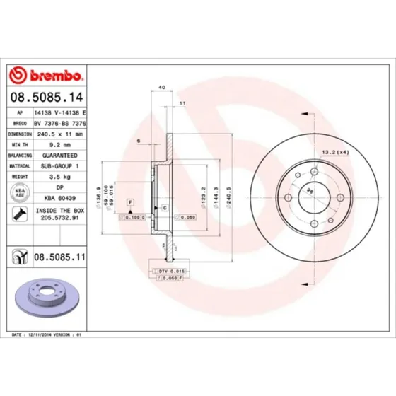 Brembo Bremseskive 08.5085.11, 240mm, 11mm, Prime-serie