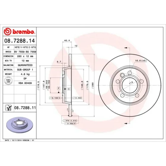 Brembo Bremseskive 08.7288.11, 7D0615601B, 701615601, 701615601A