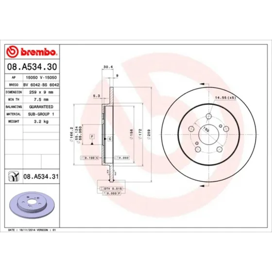 Brembo Bremseskive 08.A534.31 til Toyota, Subaru, Lexus