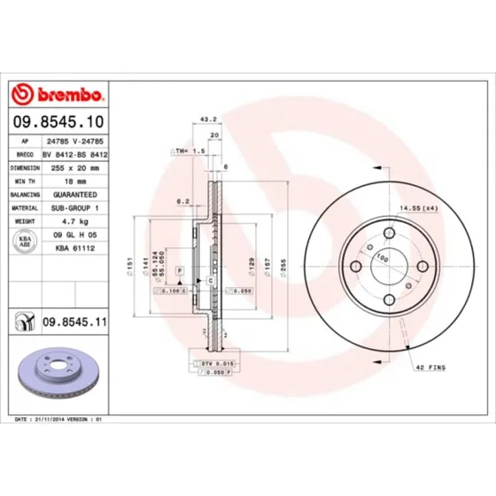 Brembo Bremseskive 09.8545.11 for Toyota bB, Yaris & MR2