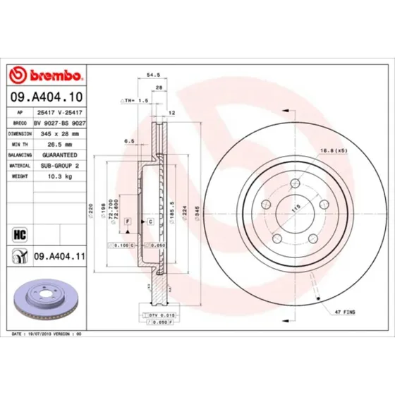 Brembo Bremseskive 09.A404.11 for Chrysler, Dodge, Lancia
