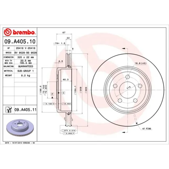 Brembo Bremseskive 09.A405.11, 22 mm, indvendigt ventileret, til Chrysler 300C, Dodge Challenger & Charger
