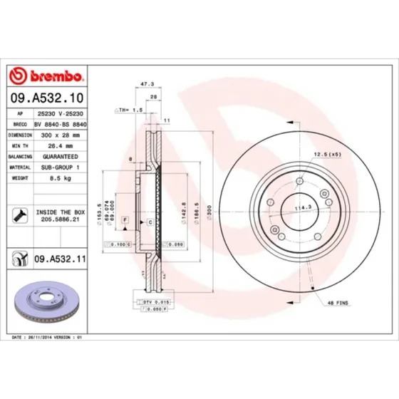 Brembo Bremseskive 09.A532.11 for Hyundai/Kia, 300 mm, ventileret