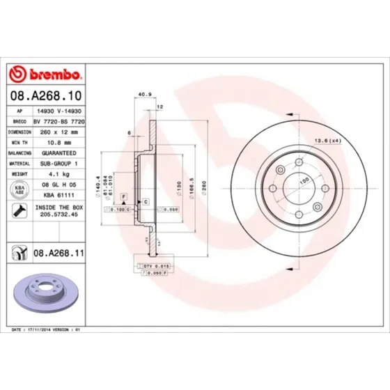 Brembo Bremseskive 08.A268.11 for Renault, Dacia, Smart