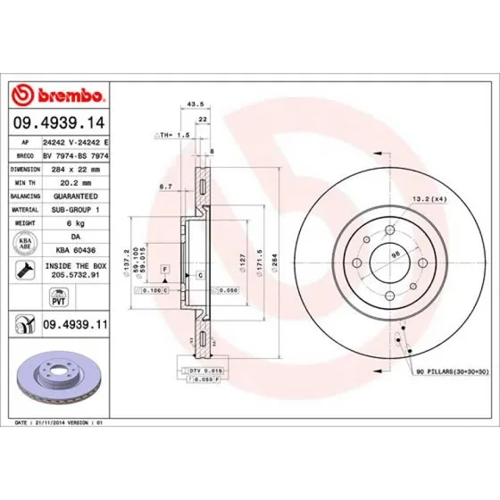 Brembo Bremseskive 09.4939.11, 22 mm, foraksel, indvendigt ventileret