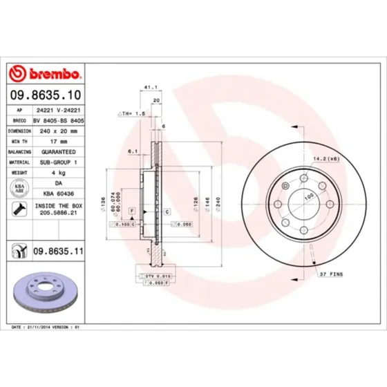 Brembo Bremseskive 09.8635.11 for Opel/Vauxhall