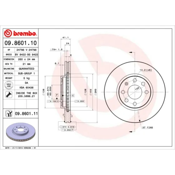 Brembo Bremseskive 09.8601.11 for Opel/Chevrolet/Vauxhall