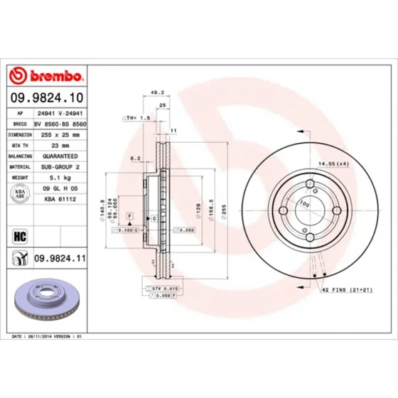 Brembo Bremseskive 09.9824.11 for Toyota Corolla