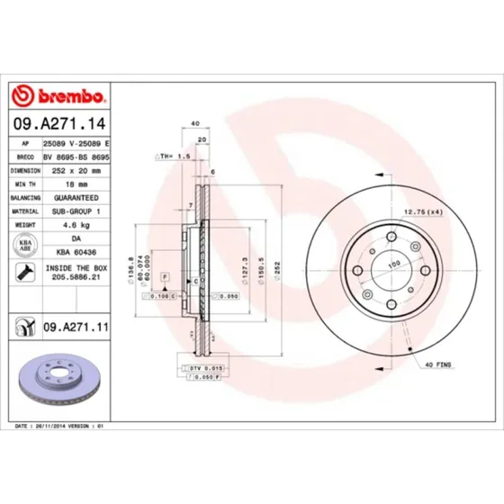 Brembo Bremseskive 09.A271.11 for Opel, Suzuki, Vauxhall