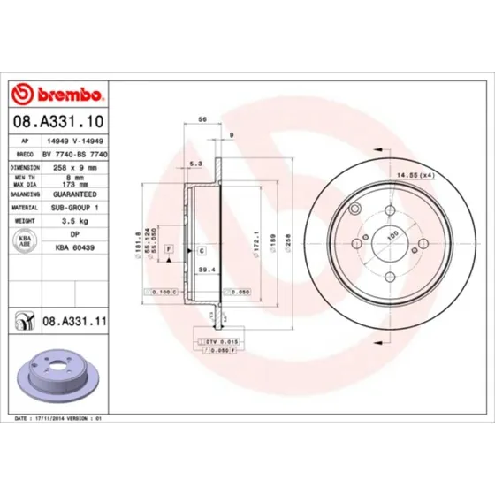 Brembo Bremseskive 08.A331.11 til Toyota Corolla (2004-)