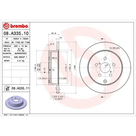 Brembo Bremseskive 08.A335.11 Prime, 280 mm, bagaksel
