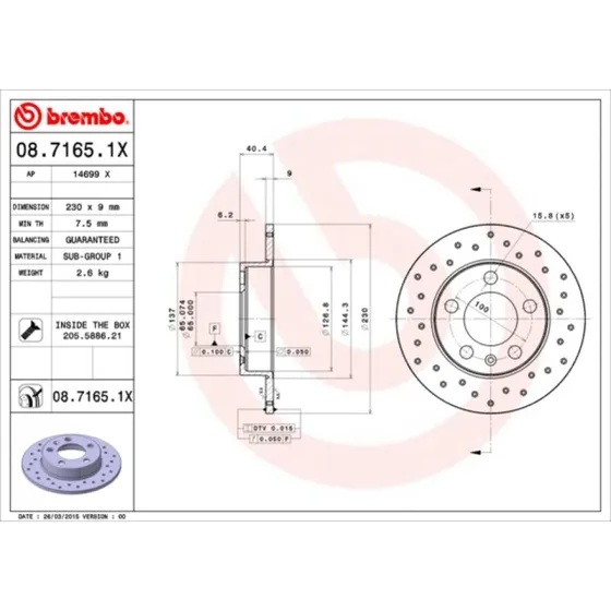 Brembo Bremseskive 08.7165.1X L6QD615601A/B til VW/AUDI/SKODA