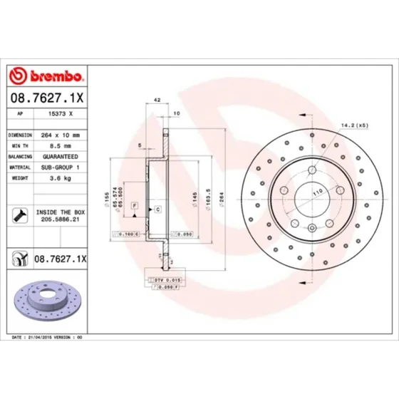 Brembo Bremseskive 08.7627.1X Xtra 264mm for Opel, Chevrolet, Vauxhall