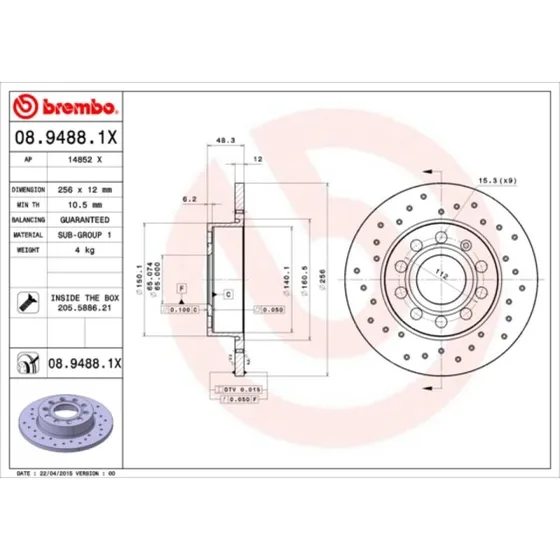Brembo Bremseskive 08.9488.1X for VW, Audi, Skoda, Seat