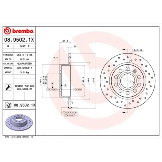 Brembo Bremseskive 08.9502.1X til VW, Audi, Skoda, Seat