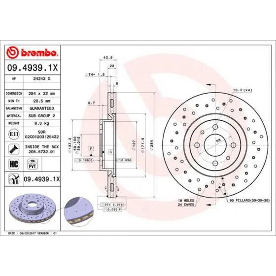 Brembo Bremseskive 09.4939.1X, perforeret, 22 mm tyk
