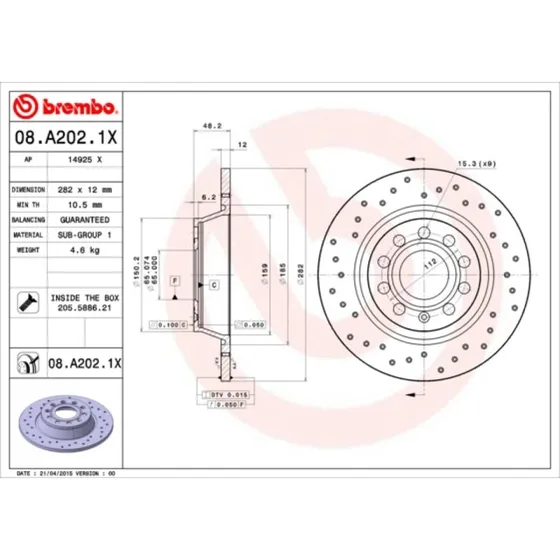 Brembo Bremseskive 08.A202.1X til VW, Audi, Skoda (bagaksel)