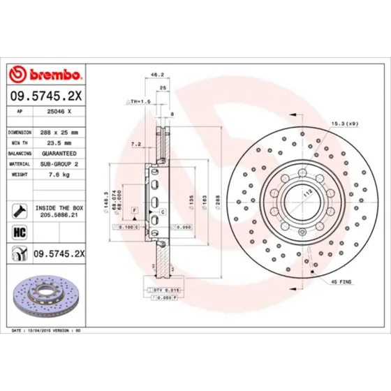 Brembo Bremseskive 09.5745.2X for VW, Audi, Skoda
