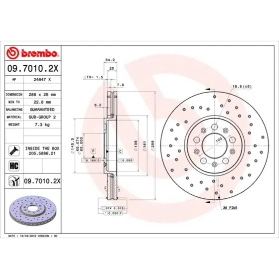 Brembo Bremseskive 09.7010.2X for VW/Audi/Skoda 15-16