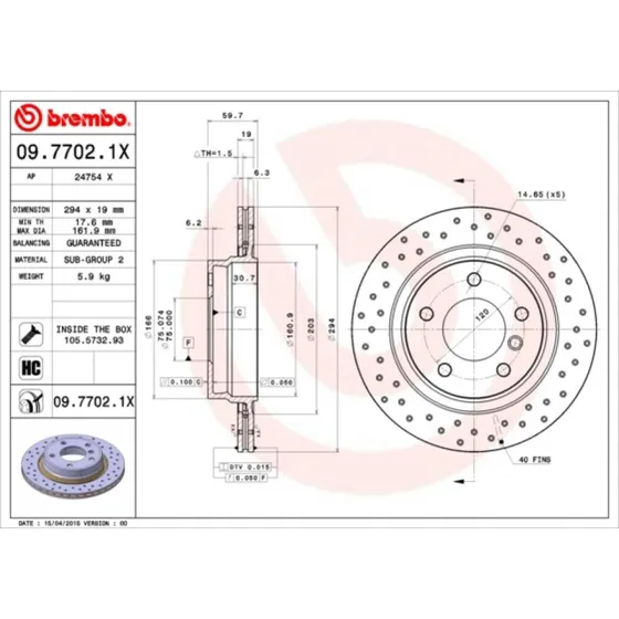 Brembo Bremseskive 09.7702.1X, 294 mm, bagaksel, perforeret
