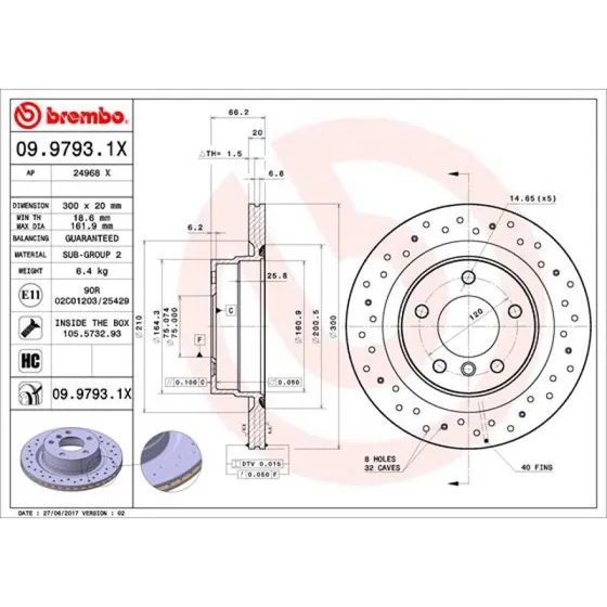Brembo Bremseskive 09.9793.1X 300mm Bagaksel, perforeret, højkarboniseret