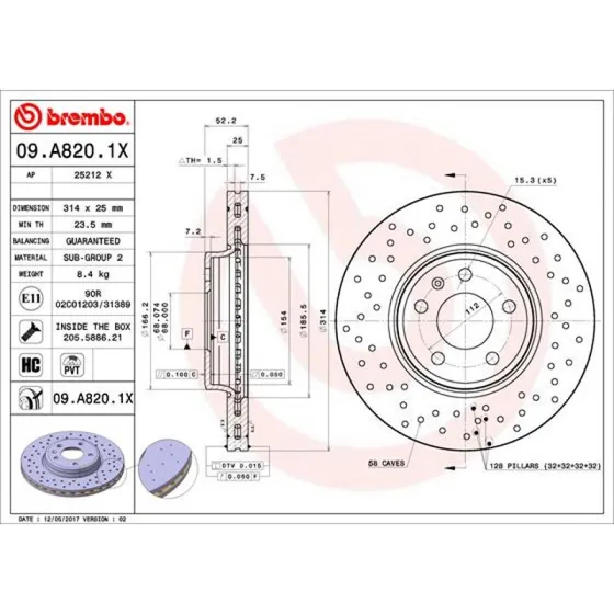 Brembo Bremseskive 09.A820.1X for Audi A4/A5 B8/B9