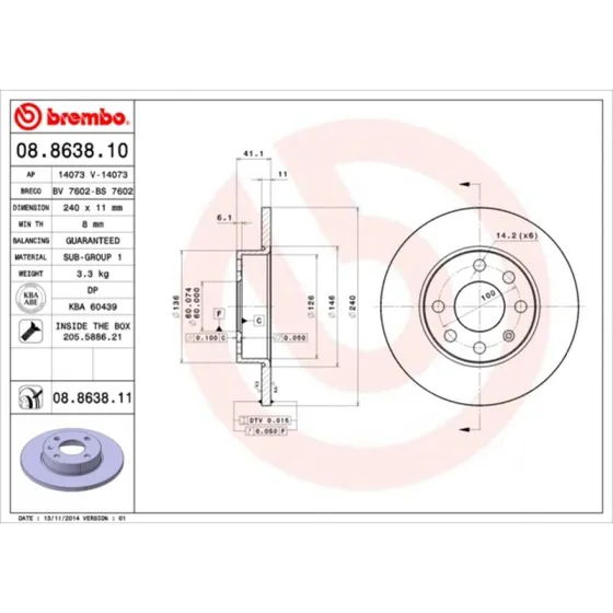 Brembo Bremseskive 08.8638.11 for Opel/Vauxhall