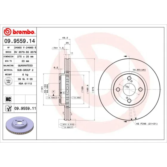 Brembo Bremseskive 09.9559.11 for Toyota Corolla