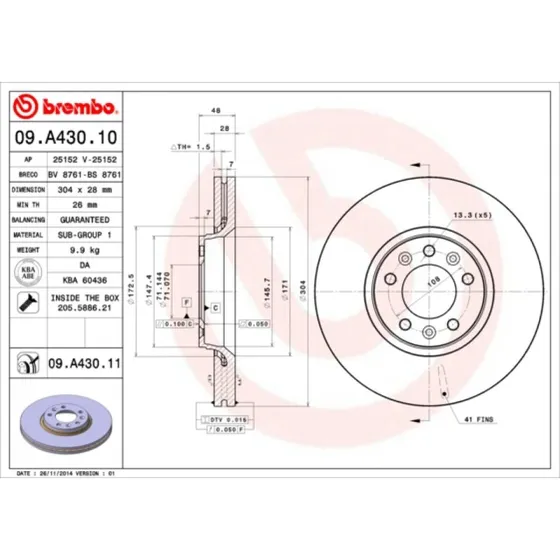 Brembo Bremseskive 09.A430.11 for FIAT, TOYOTA, PEUGEOT