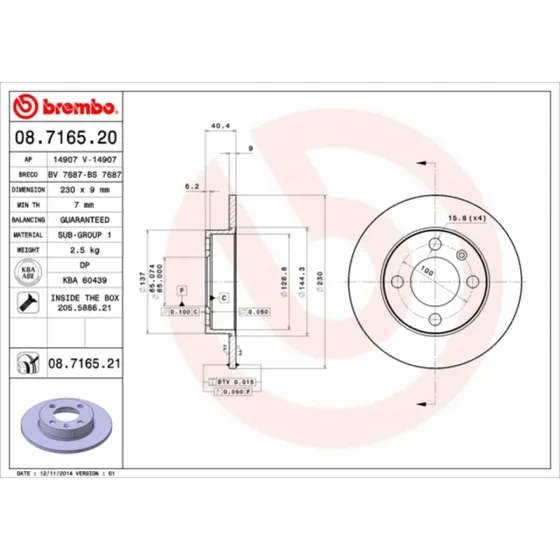Brembo Bremseskive 08.7165.21 for VW & SEAT