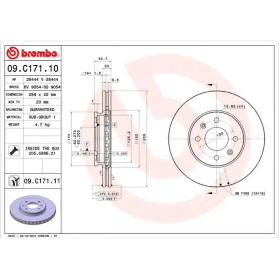 Brembo Bremseskive 09.C171.11 for Hyundai i20, Kia Rio, Renault