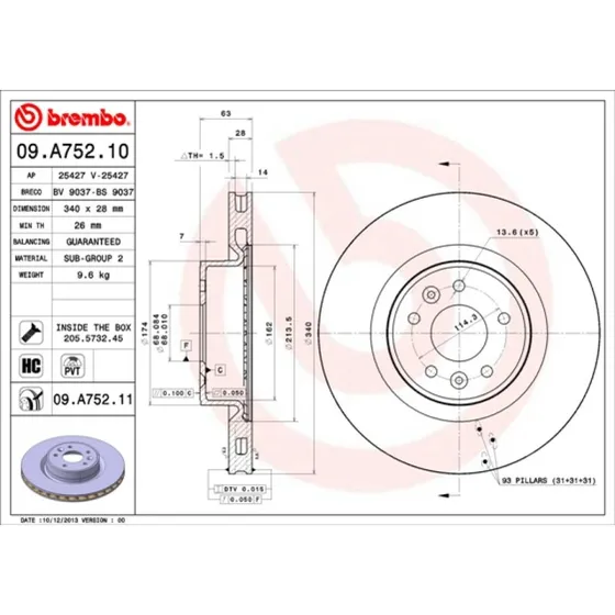 Brembo Bremseskive 09.A752.11 for Renault Mégane III