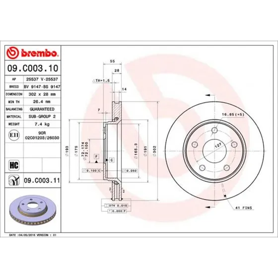 Brembo Bremseskive 09.C003.11 for Jeep Wrangler III