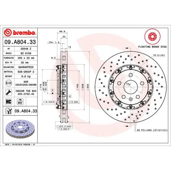 Brembo Bremseskive 09.A804.33 for Opel Saab Buick 18"