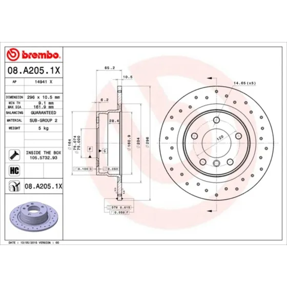 Brembo Bremseskive 08.A205.1X til BMW 1, 3, 3 Coupe